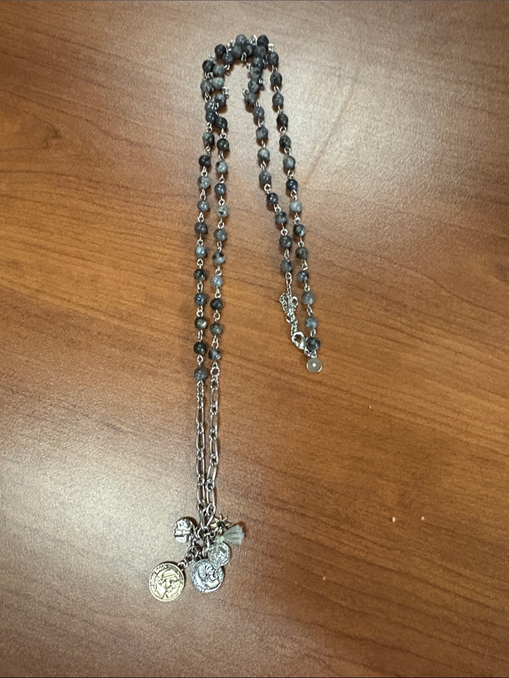 Gray Beaded Charm Necklace with Silver Coins for Women